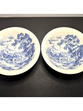 2 Enoch Wedgwood Countryside Blue & White Serving Bowls Ceramic England 8.25"